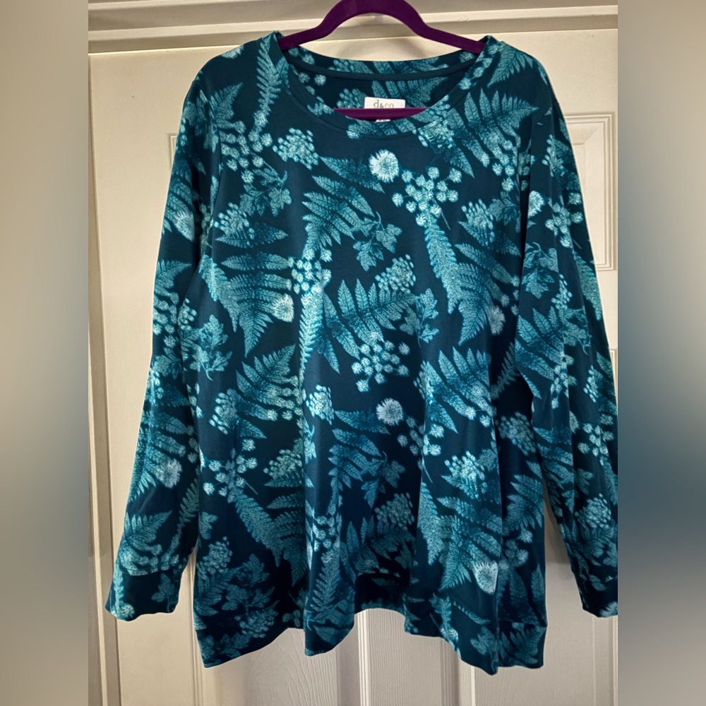 Denim & Co Floral Teal Long Sleeve Top
